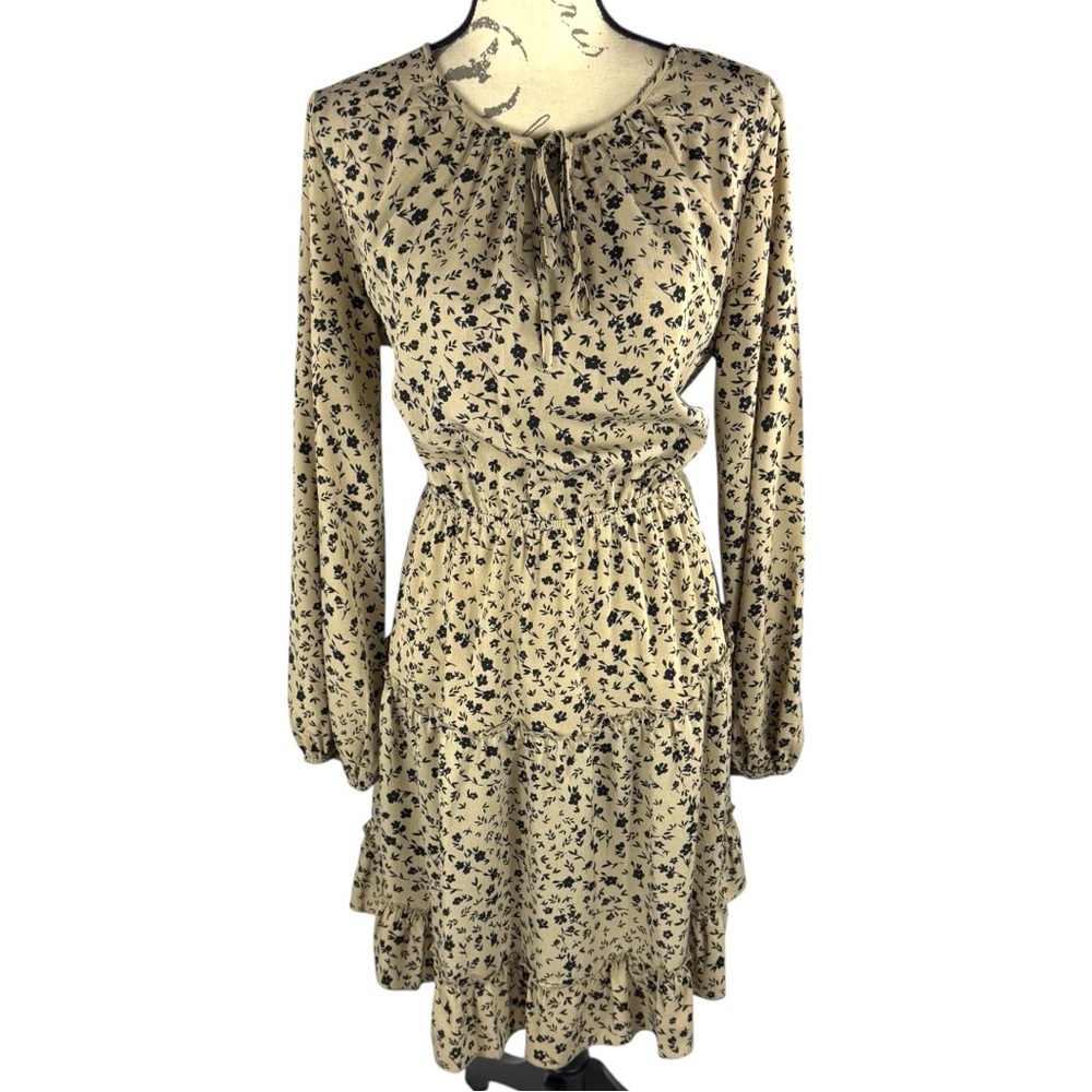 SHEIN Womens Floral Ruffled Tan & Black Long Sleeve Dress